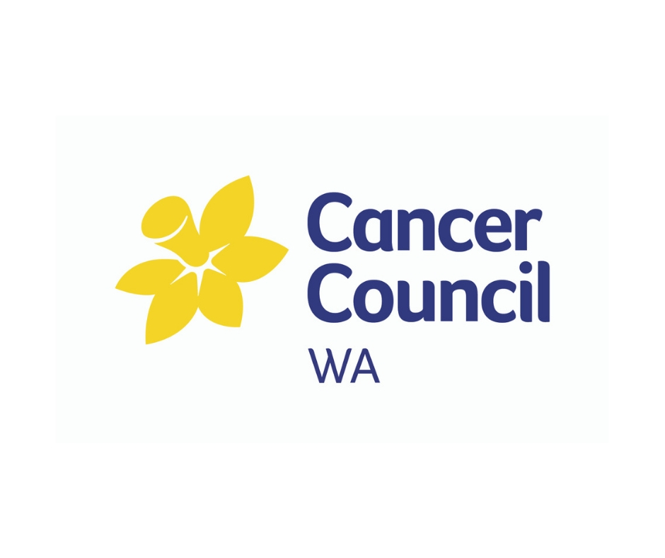 Navy blue words Cancer Council WA on a white background with a bright yellow daffodil to the left